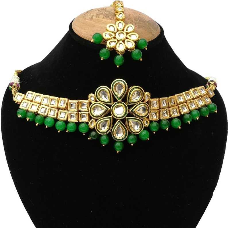 Choker Meena Kundan Bollywood Chick Royal Weddings Meenakari work Designer Indian Jewelry Gold Plated Green Stone Necklace Set