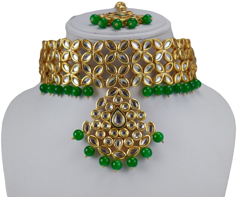 Choker Jewelry Indian Bollywood Bridal Jewelry Wedding Jewelry Engaement Jewelry Meena Kundan Designer Stone Set With maangtikka Green