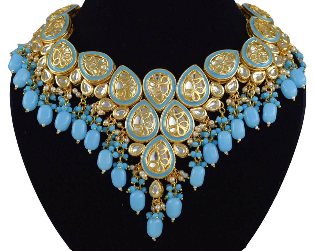 Indian Kundan Jewelry Sky Blue Pearl Fashion Necklace Set Etsy