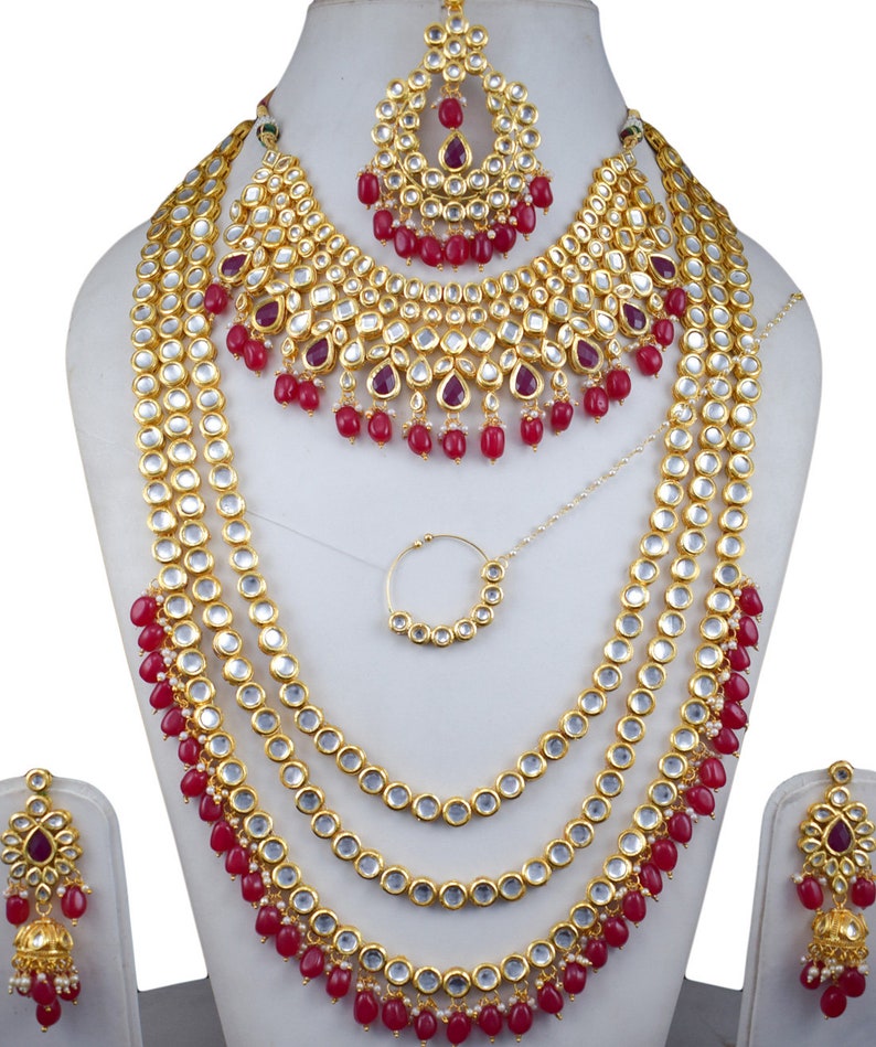 Indian Meena Kundan Jewelry Ruby Stone Bollywood Bridal Designer Traditional Wedding Jewellery Gold Plated Set MK