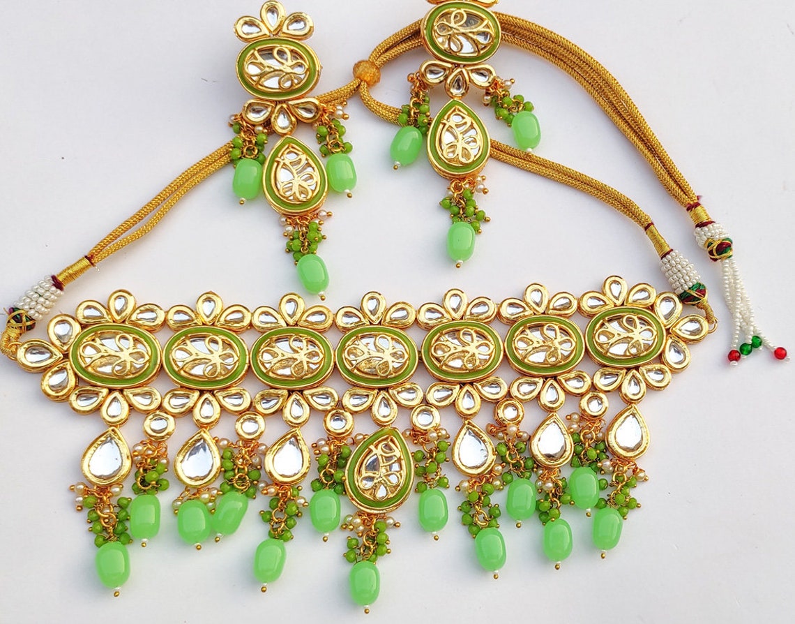 Indian Jewelry Kundan Choker Radium Green Necklace Pearl Set Etsy