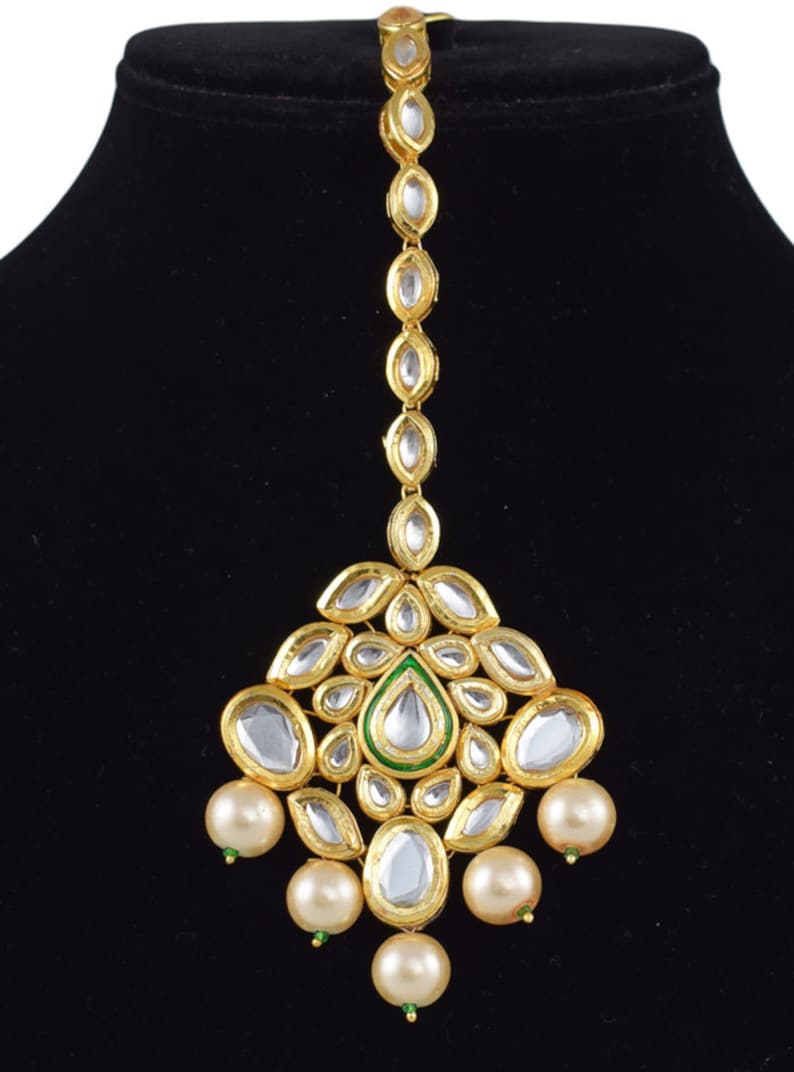Indian Pearl Tikka Jewelry Big Headpiece Meena Kundan Etsy