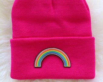 Rainbow Chunky Knit Cuffed Beanie | Fuschia Pink Beanie