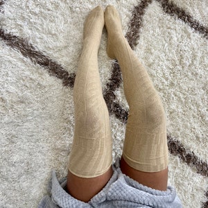 Thigh High Socks Extra Long Beige Women's Over the Knee Socks, Cable