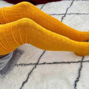 Thigh High Socks Extra Long Mustard Yellow Women&#39;s Over The Knee Socks, Cable Knit Sweater Thigh High Socks, Unisex Thigh High Socks