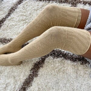 Thigh High Socks Extra Long Beige Women's Over the Knee Socks, Cable