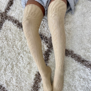 Thigh High Socks Extra Long Beige Women's Over the Knee Socks, Cable