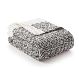 May include: Folded grey and white knitted throw blanket. The blanket is folded neatly, with a white border at the top. The grey portion has a textured appearance. The blanket is made of a soft material.