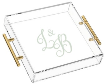 Personalized Acrylic Serving Tray with Gold Handle, Clear Square Plastic Serving Tray, Food Serving Tray, Coffee Table Ottoman, Home Decor