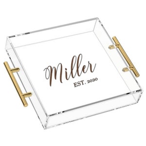 Personalized Acrylic Serving Tray with Gold Handle, Clear Square Plastic Serving Tray, Food Serving Tray, Coffee Table Ottoman, Home Decor