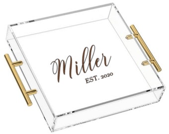 Personalized Acrylic Serving Tray with Gold Handle, Clear Square Plastic Serving Tray, Food Serving Tray, Coffee Table Ottoman, Home Decor