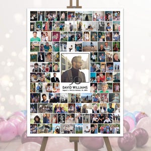 May include: A white photo collage with a black border around a photo of a man in a suit. The collage is filled with photos of people, many of whom are smiling. The text "DAVID WILLIAMS August 4, 1962 to February 19, 2023" is printed below the man's photo.