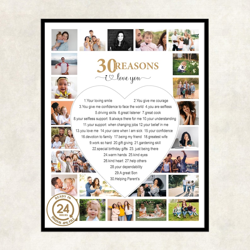 30 Reasons Why We I Love You Photo Collage, 30th Birthday Gift for Men