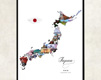 Fotocollage mit Japankarte, Japan-Reisefotos