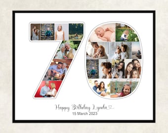 May include: A white background with a photo collage in the shape of the number 70. The collage is made up of various photos of people. The text "Happy Birthday Lynda" and the date "15 March 2023" are written below the collage.