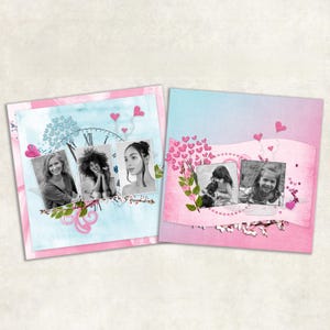 digital scrapbook templates pink blue, pre-made 12 x 12&quot; album pages, 12 x 12&quot; square scrapbook layout,  12 x 12&quot; pages - digital download