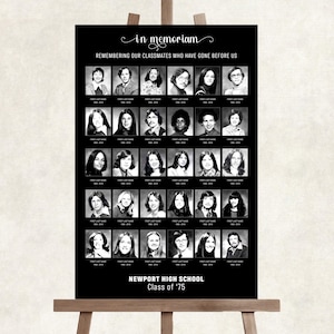 May include: A black and white memorial poster with the text "in memoriam" and "REMEMBERING OUR CLASSMATES WHO HAVE GONE BEFORE US." It features rows of small black and white portraits and the text "NEWPORT HIGH SCHOOL Class of '75."