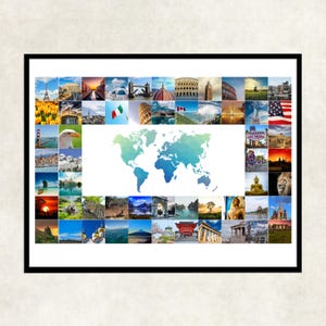 Welt Karte Reise Urlaub Fotocollage, Weltreise Fotocollage, Reise um die Welt Fotocollage