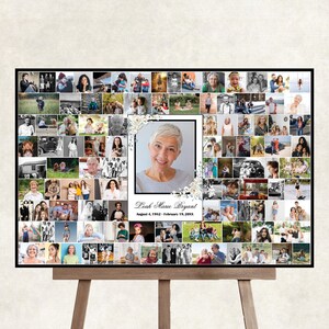 Collage fotografico commemorativo per funerali, cartello di benvenuto per funerali, cartello per la celebrazione della vita con foto, poster per celebrare la vita con rose bianche