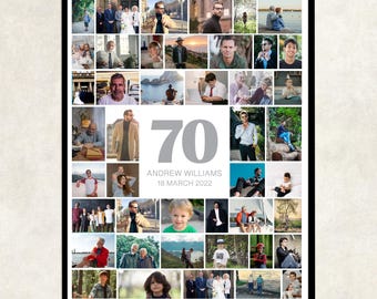 May include: A collage of photos in a white frame with a black border. The photos are arranged in a grid pattern and feature a variety of people and places. The number 70 is printed in gray in the center of the collage, along with the text "Andrew Williams 18 March 2022".