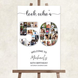 50th birthday welcome sign photo collage, look who&#39;s 50 birthday party decor welcome sign, 50th birthday party sign, personalised party sign