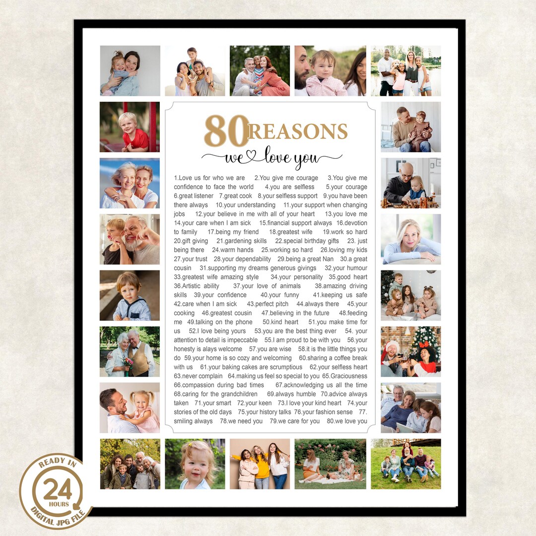 80 Reasons Why We I Love You Photo Collage, 80th Birthday Gift for Men
