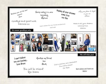Farewell photo collage, coworker leaving gift, CEO leaving