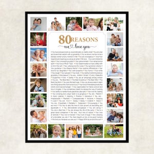 80 razones por las que te amamos, collage de fotos, 80 cosas que amamos de ti, regalo de cumpleaños número 80 para hombres, regalos para mujeres, regalo de cumpleaños número 80 para él y ella