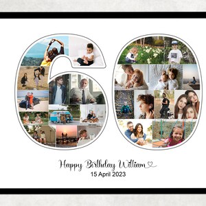 May include: A collage of photos in the shape of the number 60. The photos are of various people and places. The text "Happy Birthday William" and "15 April 2023" is below the collage.