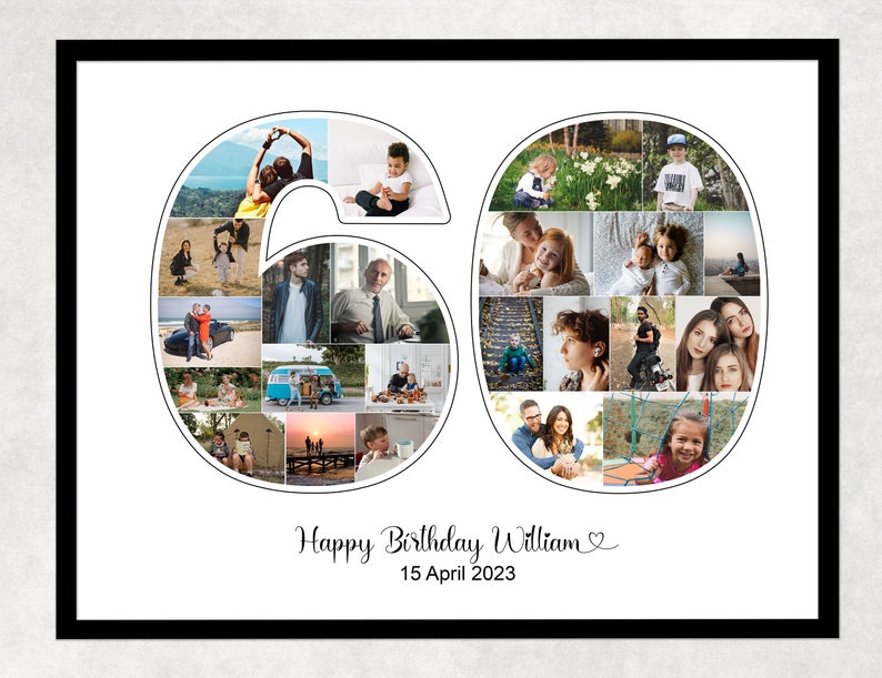 May include: A collage of photos in the shape of the number 60. The photos are of various people and places. The text "Happy Birthday William" and "15 April 2023" is below the collage.