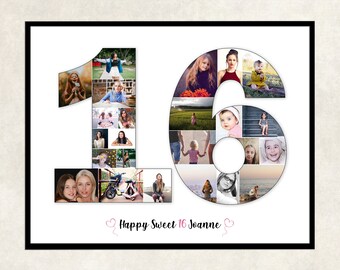 16th birthday gift photo collage, 16th birthday photo gift, 16 birthday gift for her, Sweet 16 photo collage gift for daughter