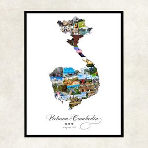 Vietnam Kambodscha Karte Reise Foto Collage Weihnachten Geschenkidee | Kambodscha Vietnam Urlaub Flitterwochen Fotocollage, Vietnam Kambodscha Reisen
