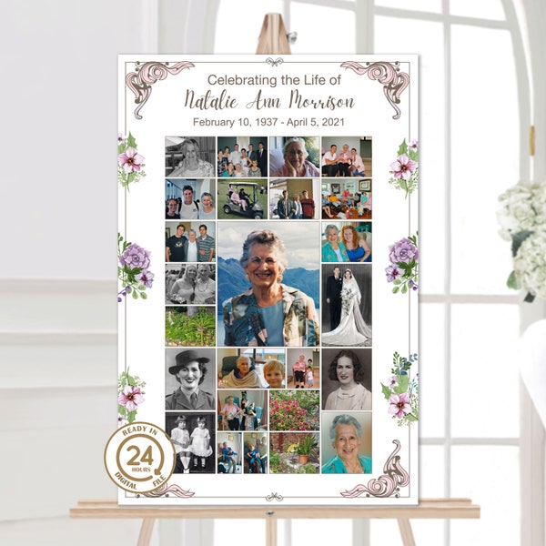 Memorial photo collage french flowers | memorial display |memorial memory poster | celebrate the life poster sign french florals