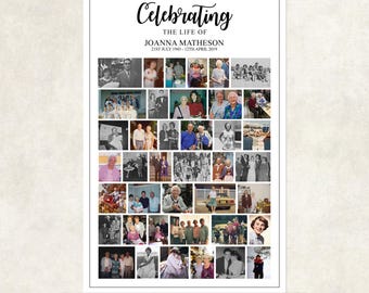 Könnte beinhalten: Ein gerahmter Fotocollage mit den Worten „Celebrating the Life of Joanna Matheson“ und Daten. Die Collage zeigt zahlreiche Schwarz-Weiß- und Farbfotos in verschiedenen Größen.