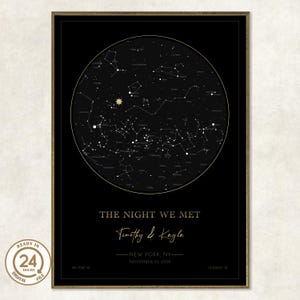 Impression d'art mural affiche carte des étoiles personnalisée, naissance d'un enfant, carte des étoiles cadeau d'anniversaire de mariage, rencontre avec la nuit - or et noir