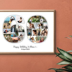 May include: A white framed photo collage of a 60th birthday celebration. The collage is made up of photos of people in various settings, including a family gathering, a beach trip, and a birthday party. The text "Happy Birthday William" and "15 April 2023" is printed below the collage.