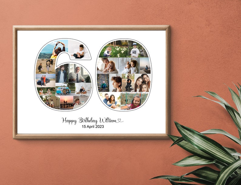 May include: A white framed photo collage of a 60th birthday celebration. The collage is made up of photos of people in various settings, including a family gathering, a beach trip, and a birthday party. The text "Happy Birthday William" and "15 April 2023" is printed below the collage.