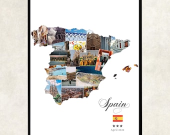 Spain map travel photo collage, Spain photo collage for your travel photos, Spain map shape collage, Spain wall art, Spain map