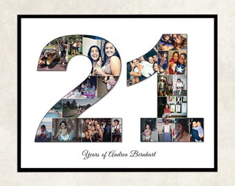 21st Birthday Photo Collage Gift, Custom 21 Number Sign for 21st birthday party