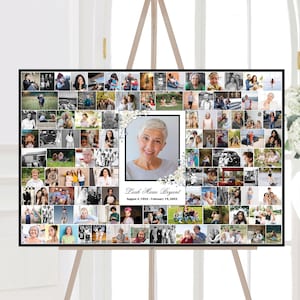 Collage de fotos conmemorativas para funerales, cartel de bienvenida para funerales, cartel de celebración de la vida con foto, póster de celebración de la vida con rosas blancas