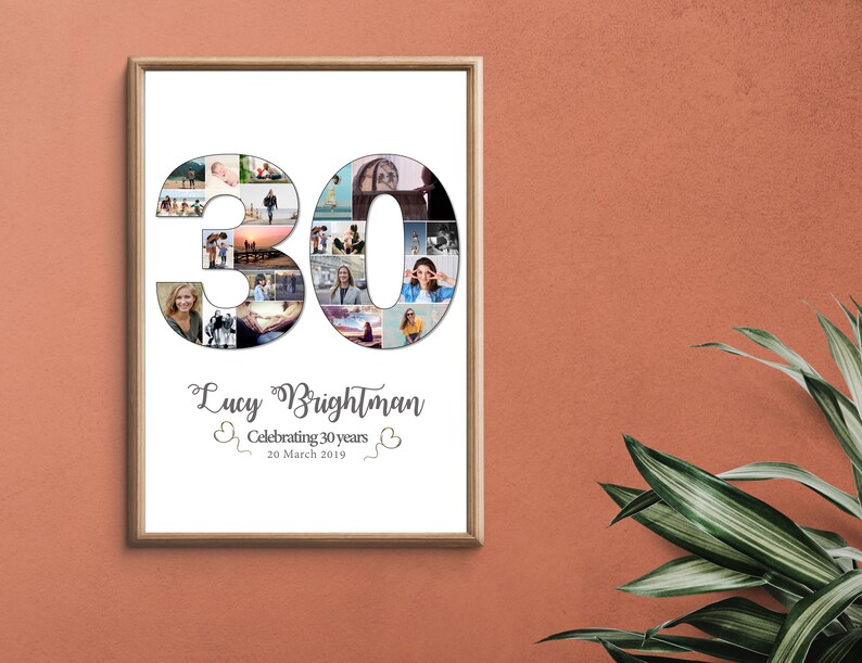 May include: A white framed photo with a collage of photos in the shape of the number 30. The text "Lucy Brightman Celebrating 30 years 20 March 2019" is below the collage.