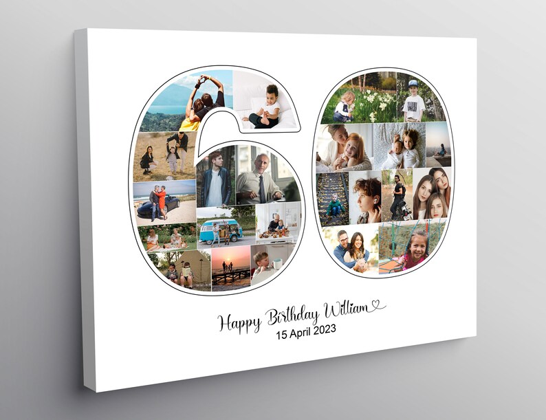 May include: A white canvas print with a collage of photos arranged in the shape of the number 60. The photos are of various people and places, and the print includes the text "Happy Birthday William" and "15 April 2023".