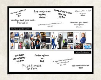 Farewell photo collage, coworker leaving gift, CEO leaving