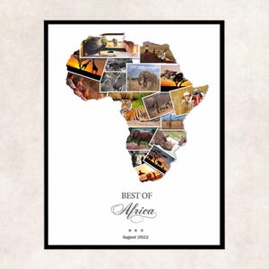 Collage de fotos de mapas de África, collage de fotos de viajes de luna de miel y vacaciones de boda en África
