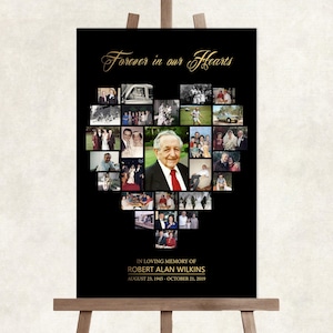 Funeral photo display, funeral funeral memory board, always in our hearts photo collage, funeral picture black board, heart collage