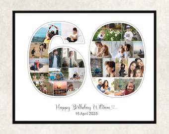 May include: A 60th birthday photo collage with a white background and black frame. The number 60 is made up of photos of people and places. The text "Happy Birthday William" and "15 April 2023" is below the collage.
