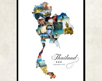 Thailand map vacation photo collage, Thailand honeymoon photos photo collage