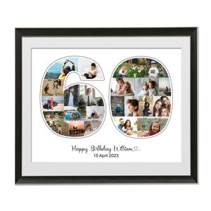May include: A framed photo collage in the shape of the number 60. The collage is made up of many smaller photos of people, likely a family. The text "Happy Birthday William" and "15 April 2023" is printed below the collage.