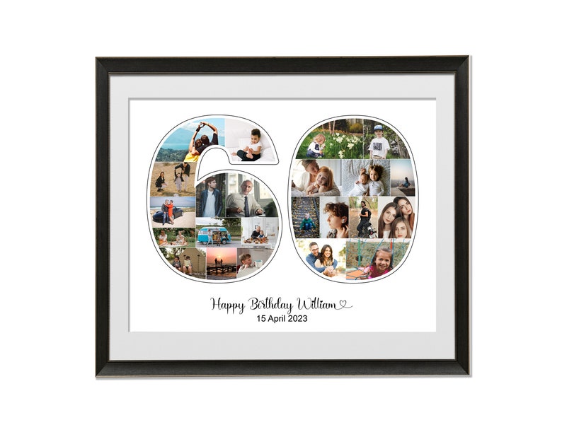 May include: A framed photo collage in the shape of the number 60. The collage is made up of many smaller photos of people, likely a family. The text "Happy Birthday William" and "15 April 2023" is printed below the collage.