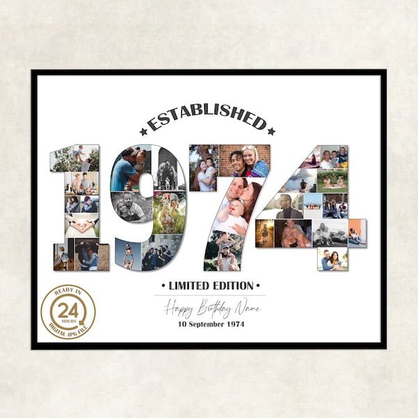 50th birthday personalised photo gift | 50 birthday photo collage | 50th birthday gift ideas | born in 1974, established 1974